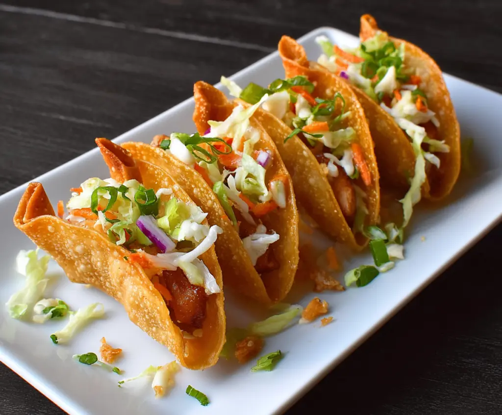 Delicious chicken wonton tacos with crispy shells and fresh toppings on a plate.