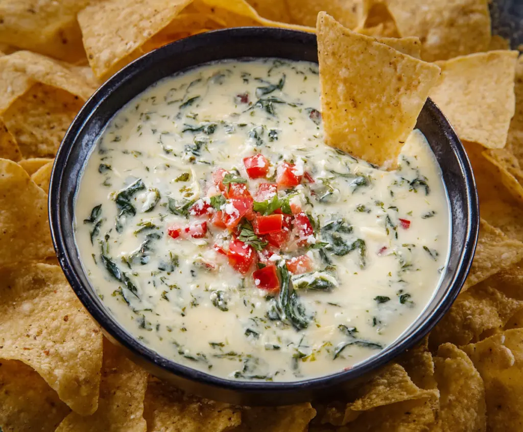 Creamy White Spinach Queso served in a bowl with fresh tortilla chips from Chili's.