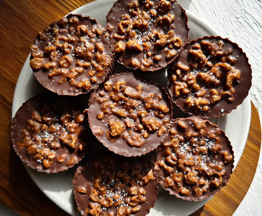 Delicious Chocolate Peanut Butter Crunch Cups with melted chocolate and crunchy peanut butter filling.