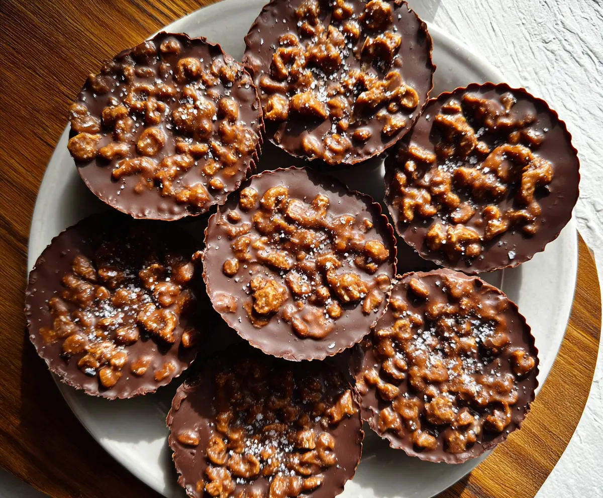 Delicious Chocolate Peanut Butter Crunch Cups with melted chocolate and crunchy peanut butter filling.