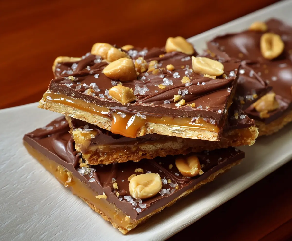 Delicious homemade Chocolate Peanut Butter Cup Cracker Toffee on a white plate.