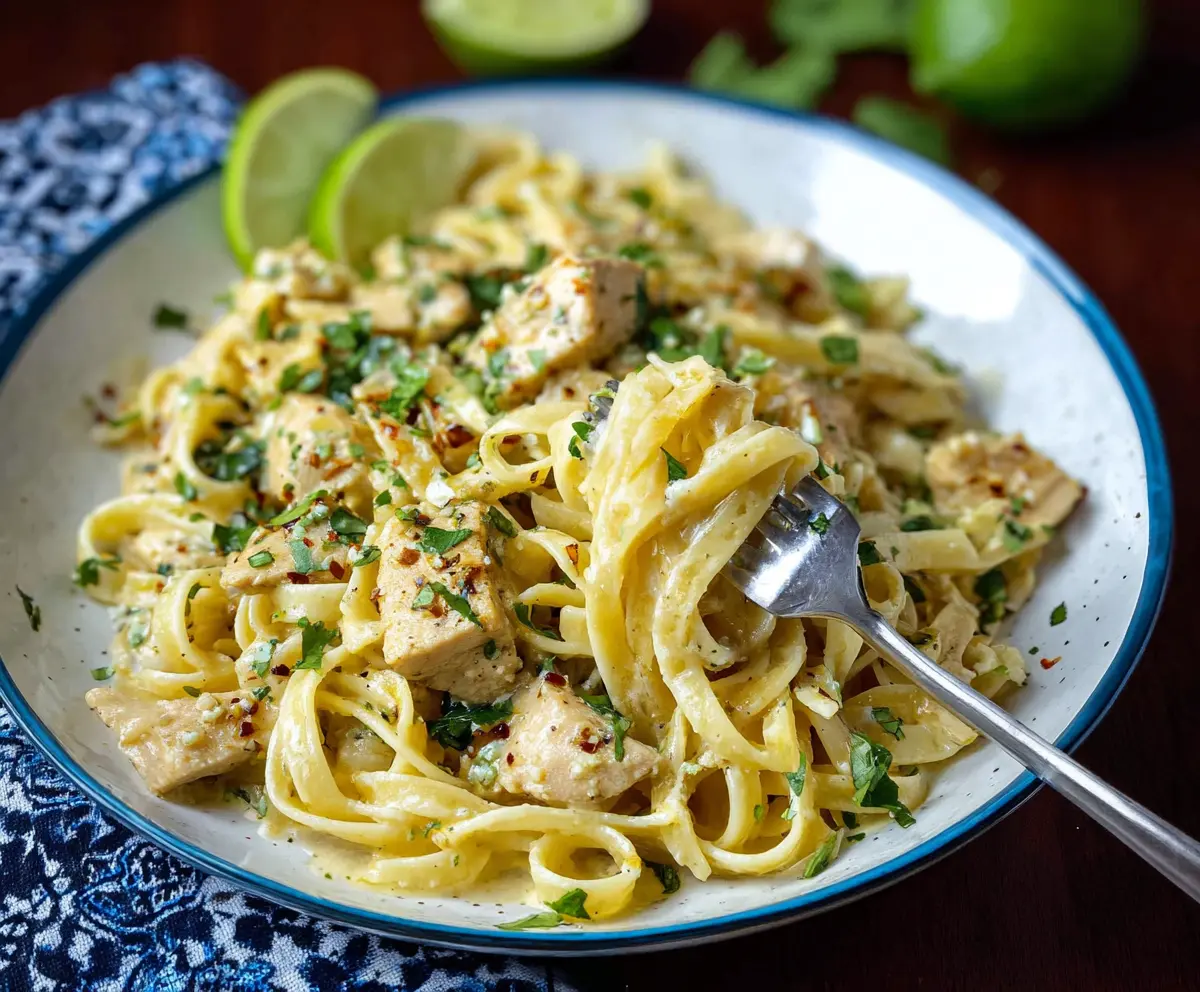 Delicious Cilantro Lime Chicken Pasta served with fresh herbs and zesty lime slices.