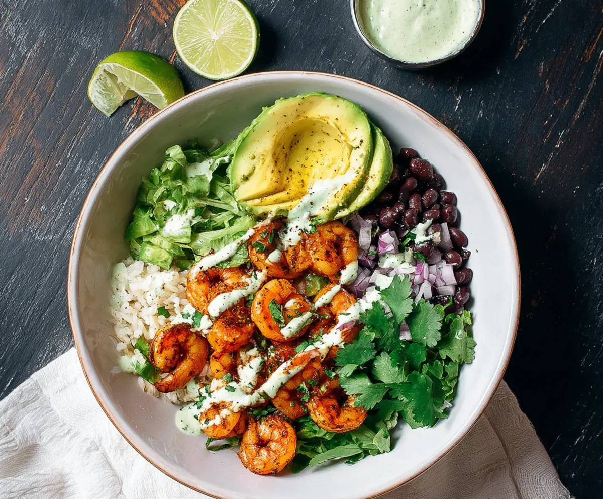 Delicious cilantro lime shrimp bowl with fresh herbs and vibrant vegetables