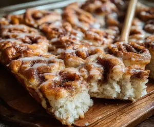 Delicious cinnamon roll sourdough focaccia topped with cinnamon and sugar, served warm.