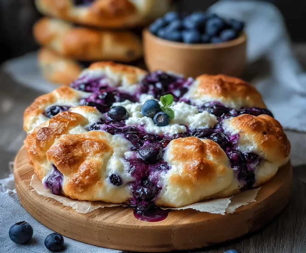 Delicious cottage cheese blueberry cloud bread on a plate, showcasing fluffy and airy texture with fresh blueberries.