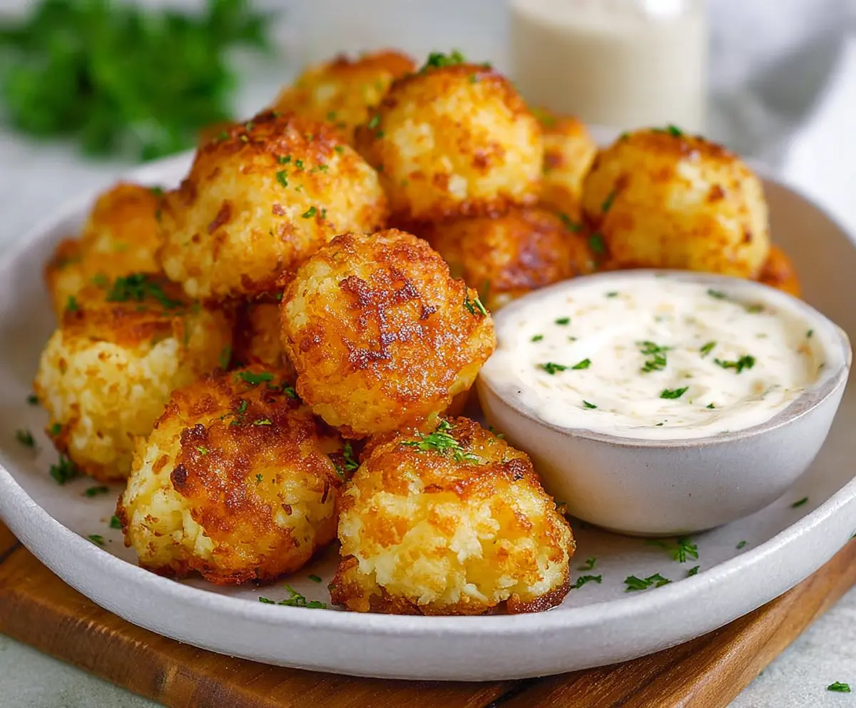 Delicious homemade Cottage Cheese Cauliflower Tots on a plate, ready to eat, healthy vegetable snack