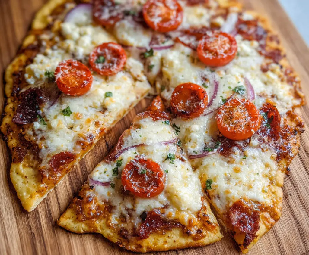 Delicious cottage cheese flatbread pizza topped with fresh vegetables and melted cheese.