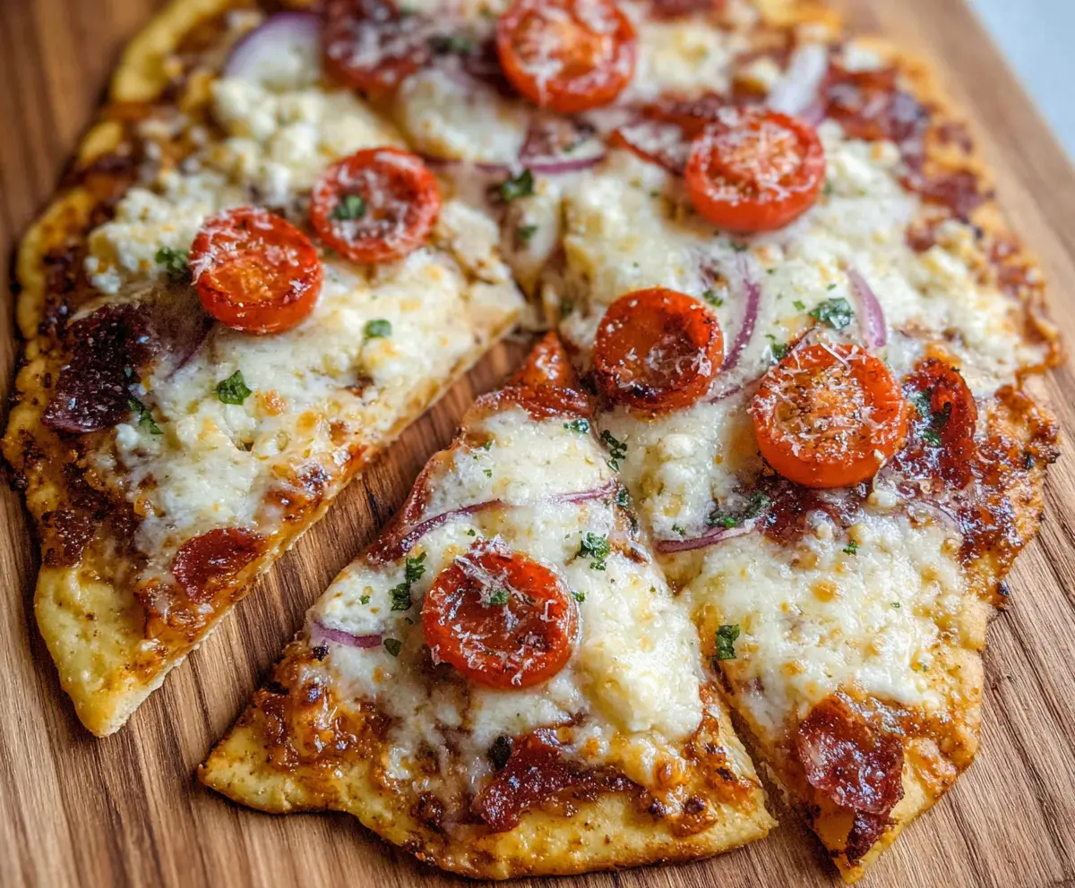 Delicious cottage cheese flatbread pizza topped with fresh vegetables and melted cheese.