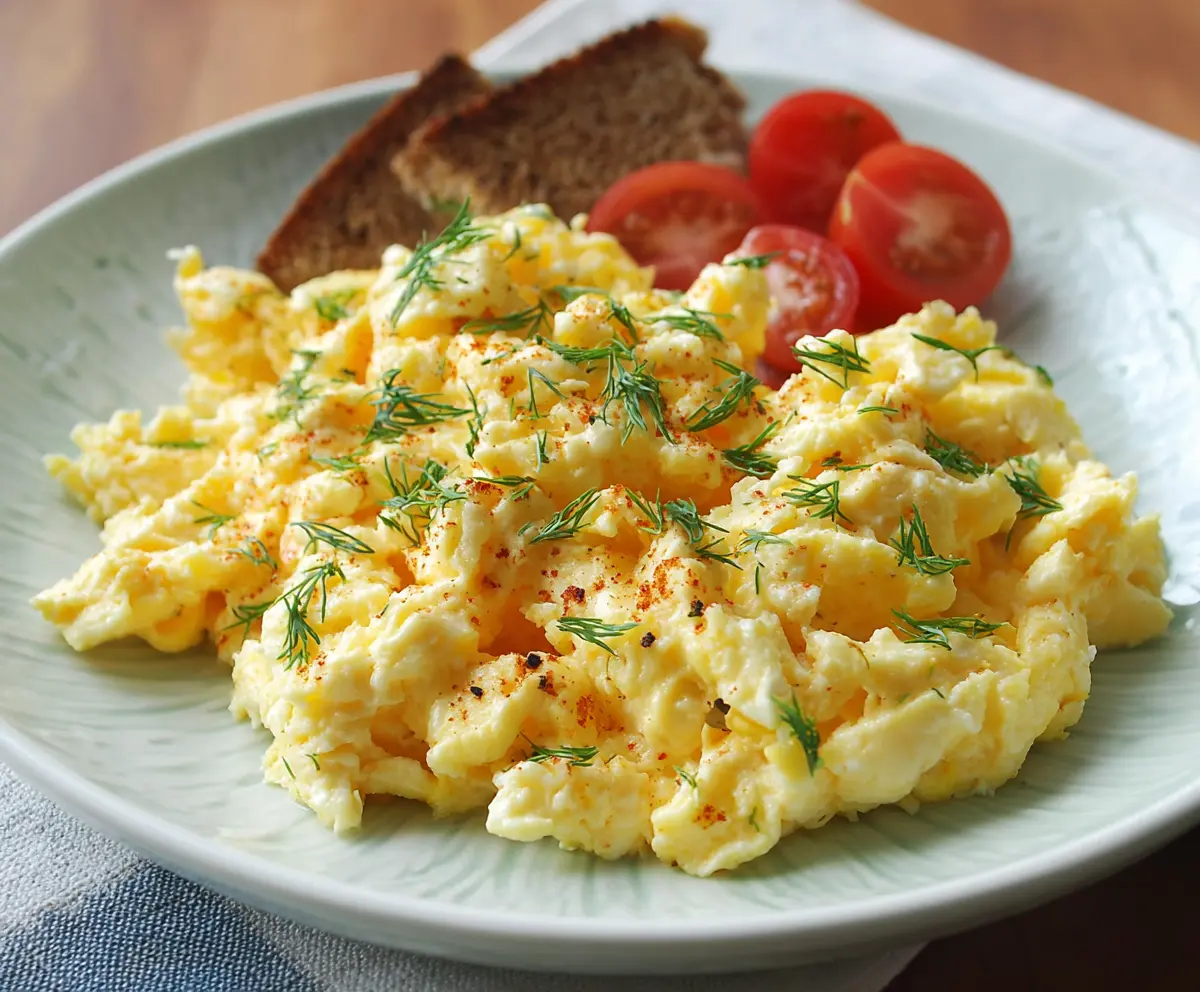 Delicious cottage cheese scrambled eggs garnished with herbs on a white plate.