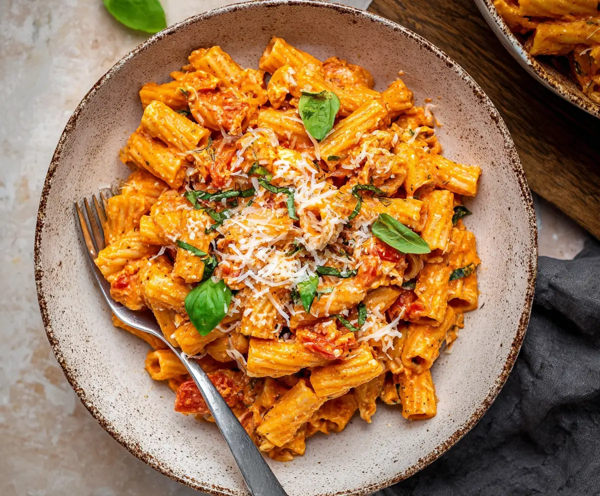 Creamy cottage cheese tomato pasta served in a white bowl, garnished with herbs, perfect for a healthy meal.