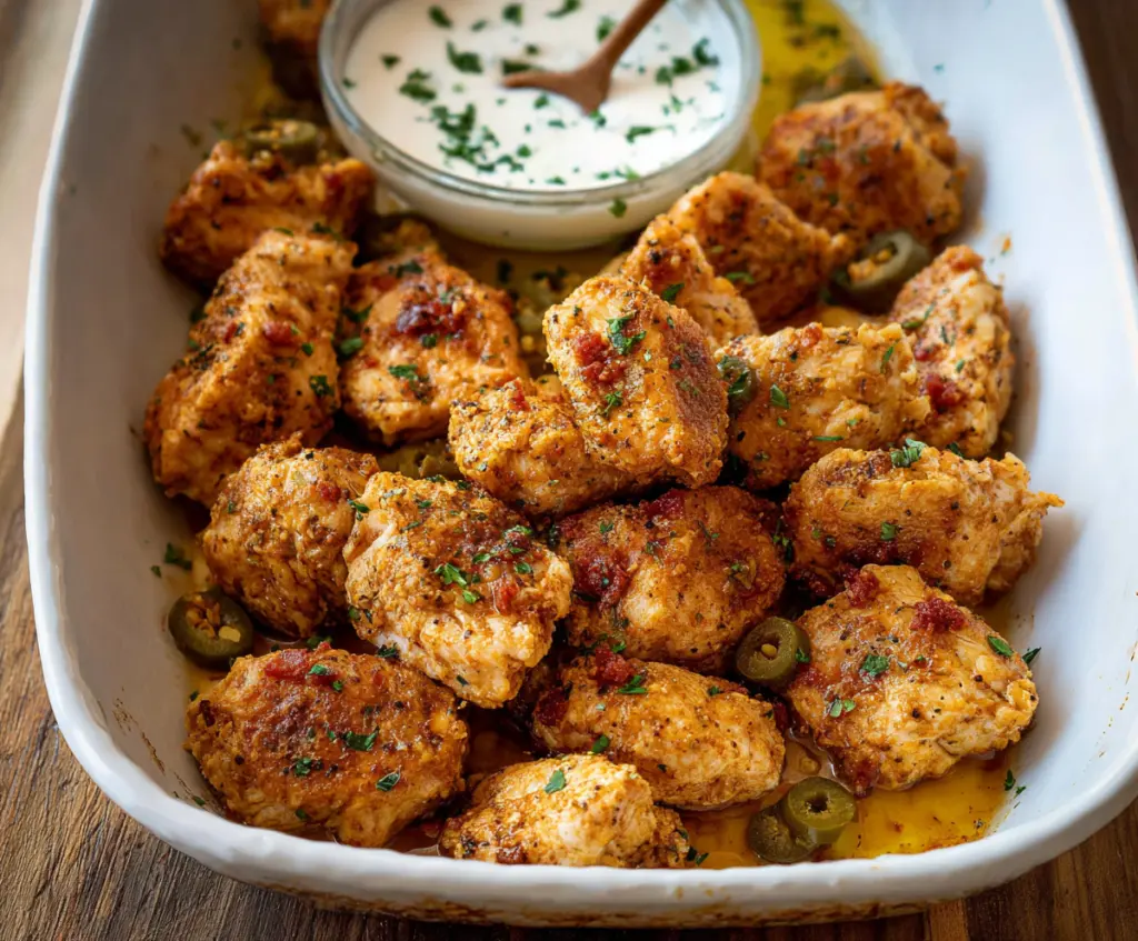 Juicy chicken bites topped with smoky cowboy butter sauce on a rustic plate