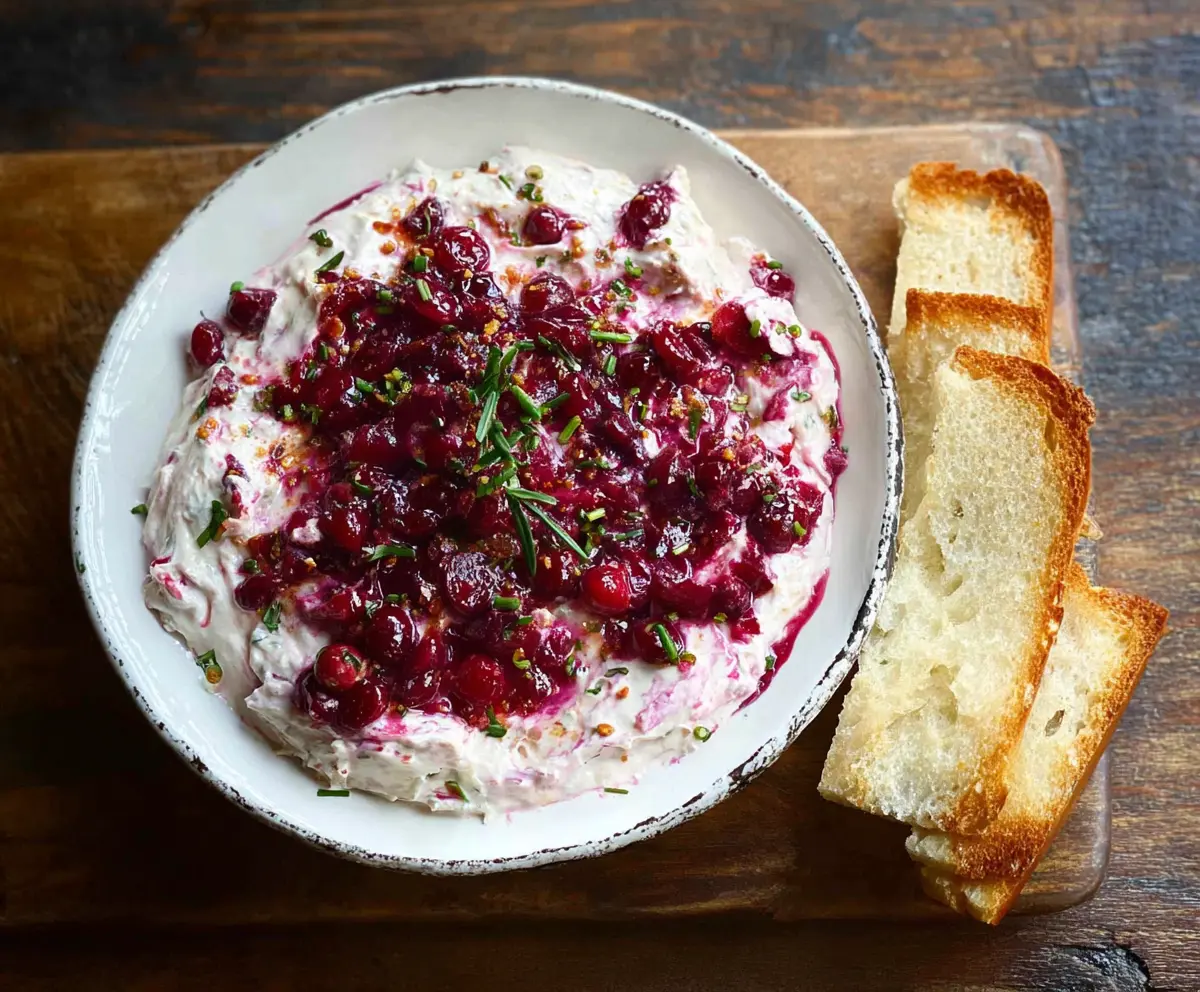Creamy cranberry whipped Boursin dip served with fresh fruits and crackers for a festive appetizer.