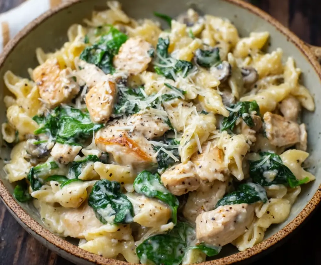 Creamy chicken and spinach pasta served on a plate, garnished with herbs, perfect for a flavorful dinner