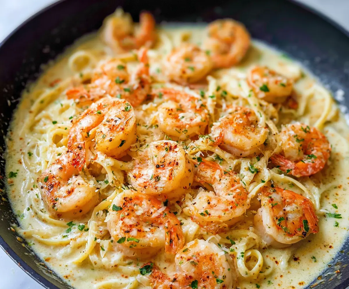 Creamy Garlic Parmesan Shrimp Pasta served in a white bowl with fresh parsley garnish.