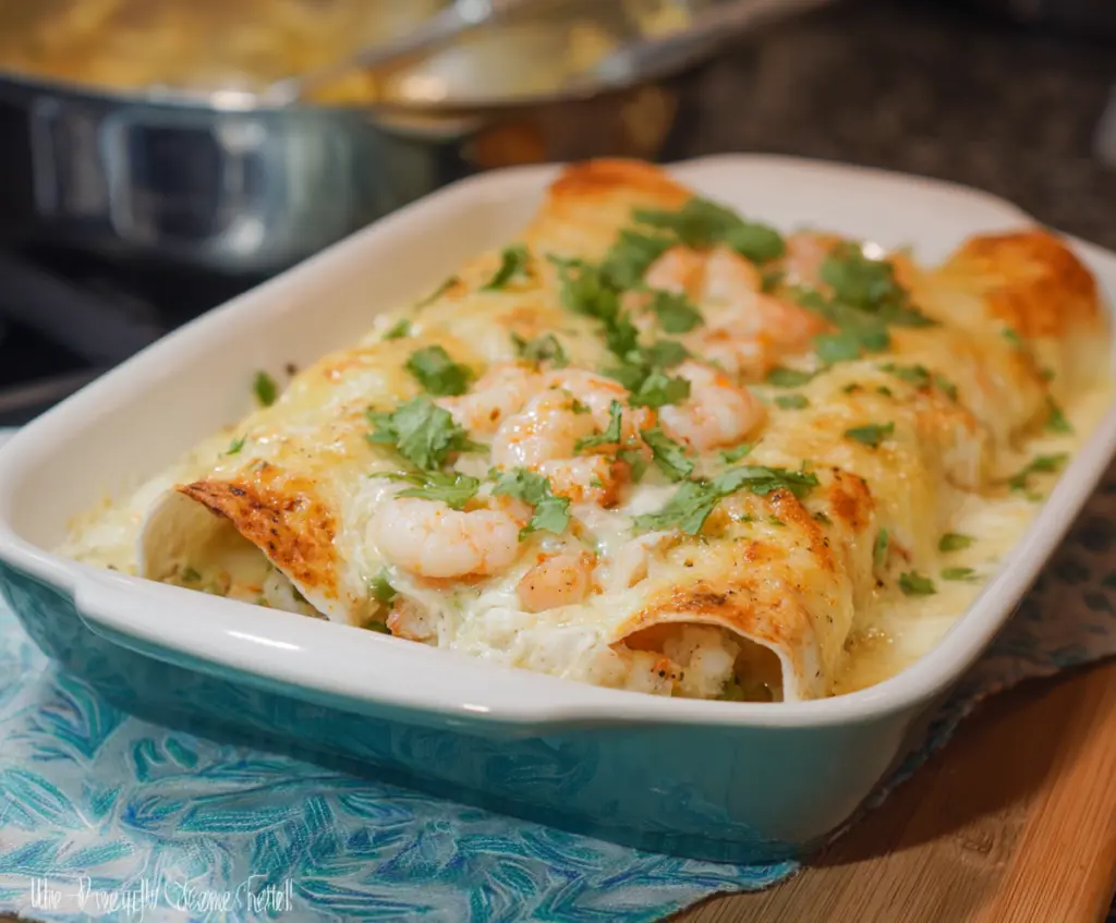 Delicious creamy shrimp enchiladas topped with melted cheese and garnished with fresh herbs.