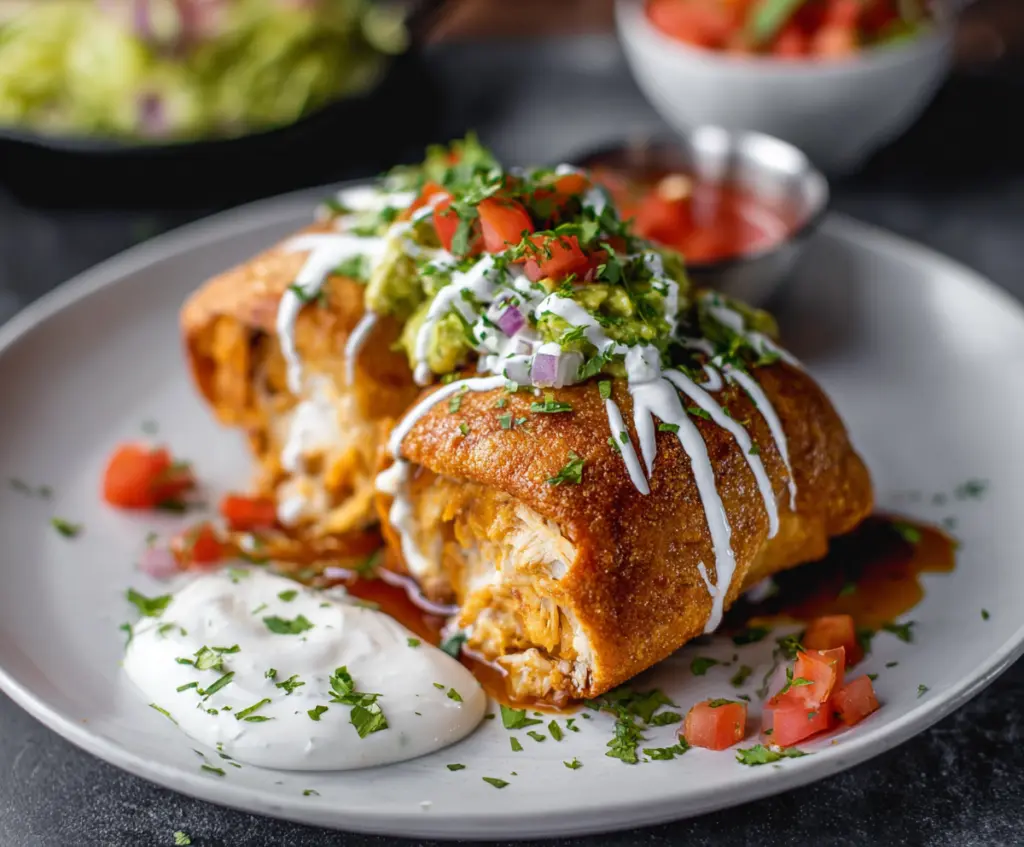 Golden crispy chicken chimichanga stuffed with melted cheese and served with salsa.
