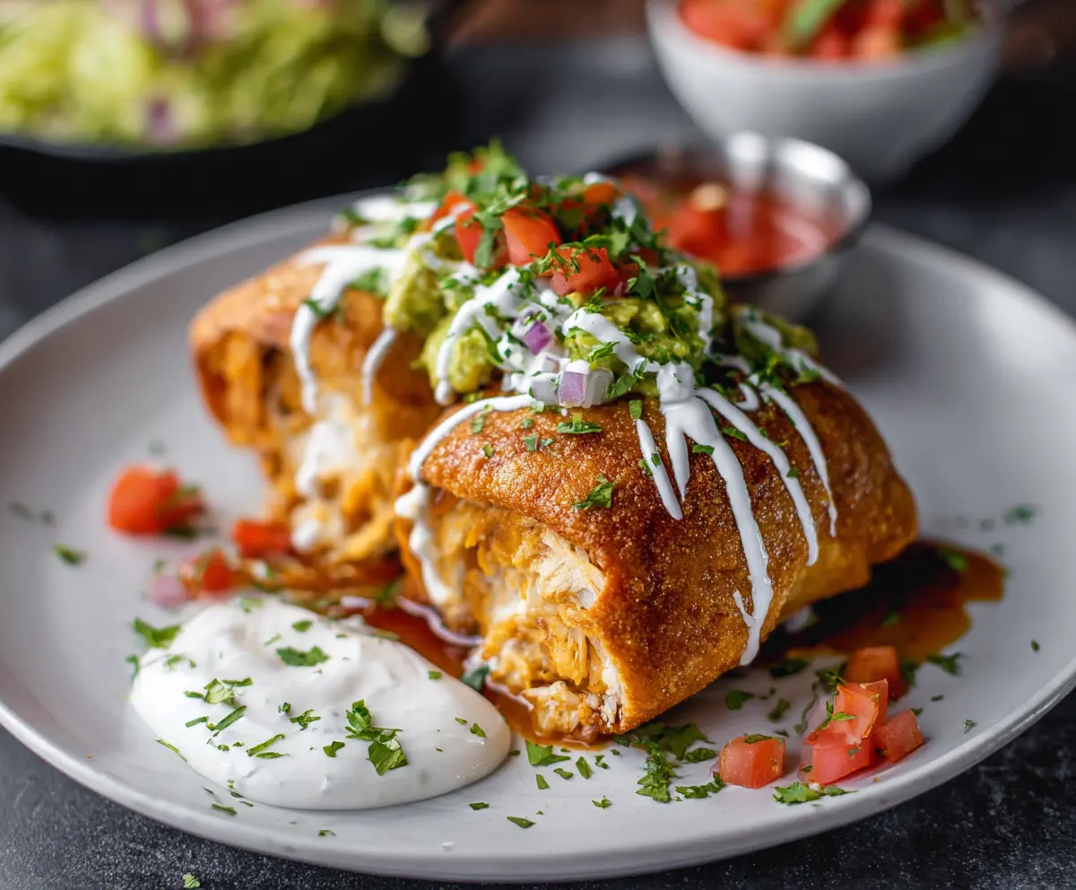 Golden crispy chicken chimichanga stuffed with melted cheese and served with salsa.