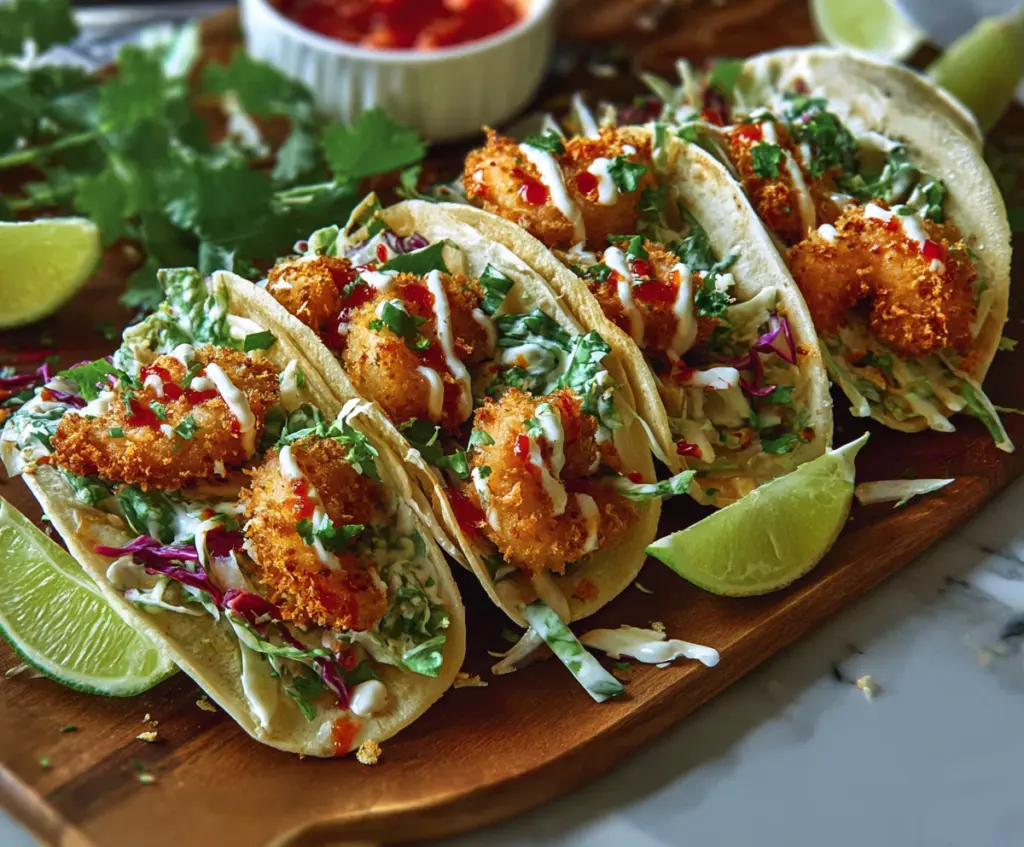 Crispy coconut shrimp tacos garnished with fresh herbs on a white plate, served with lime wedges.