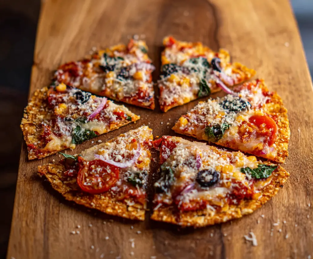 Delicious crunch crunchy tortilla pizza topped with melted cheese and fresh vegetables.