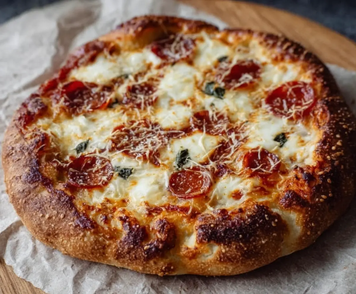 Golden crust sourdough pizza topped with fresh herbs and melted cheese, ready to serve.