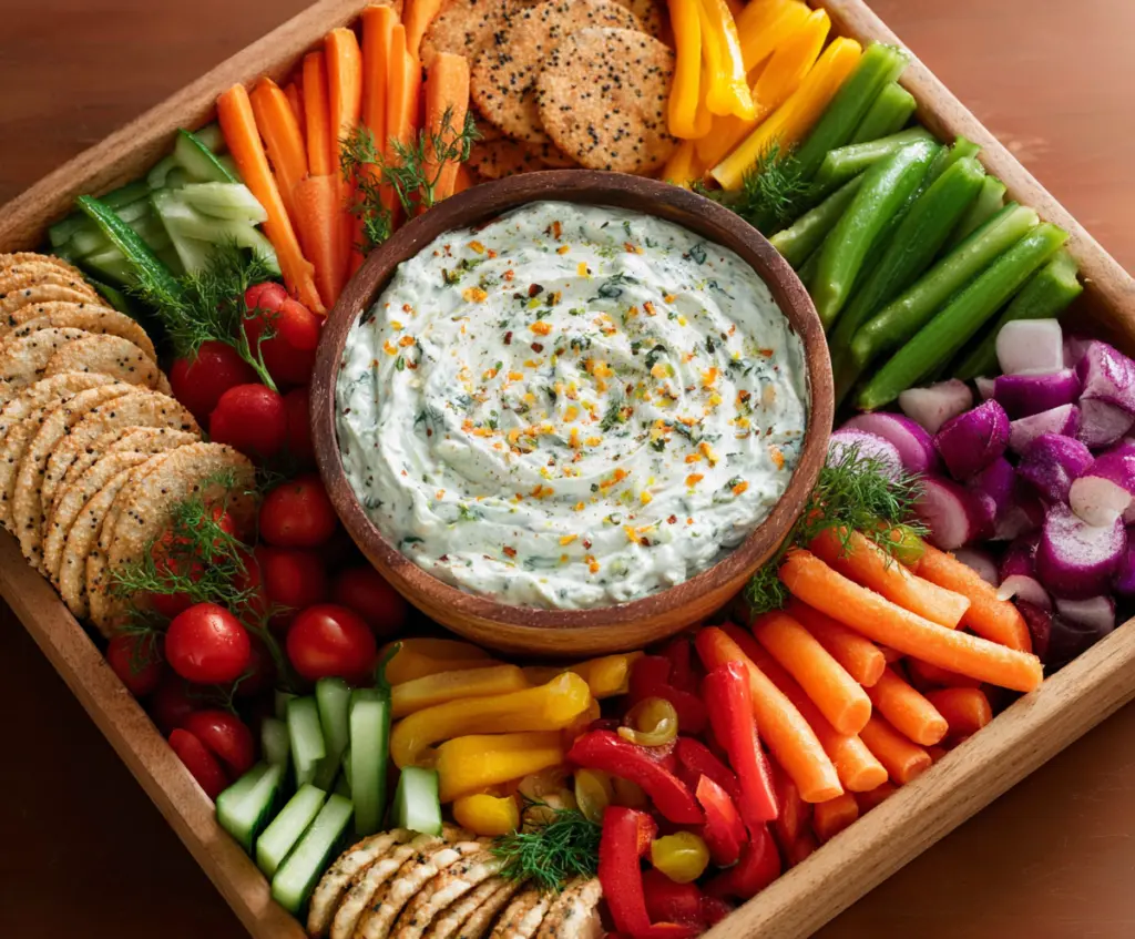 Colorful veggie platter with fresh hummus dip for healthy snacking