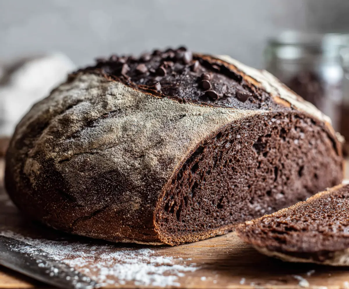 Golden-brown Double Chocolate Sourdough Bread with rich chocolate streaks in a rustic setting.