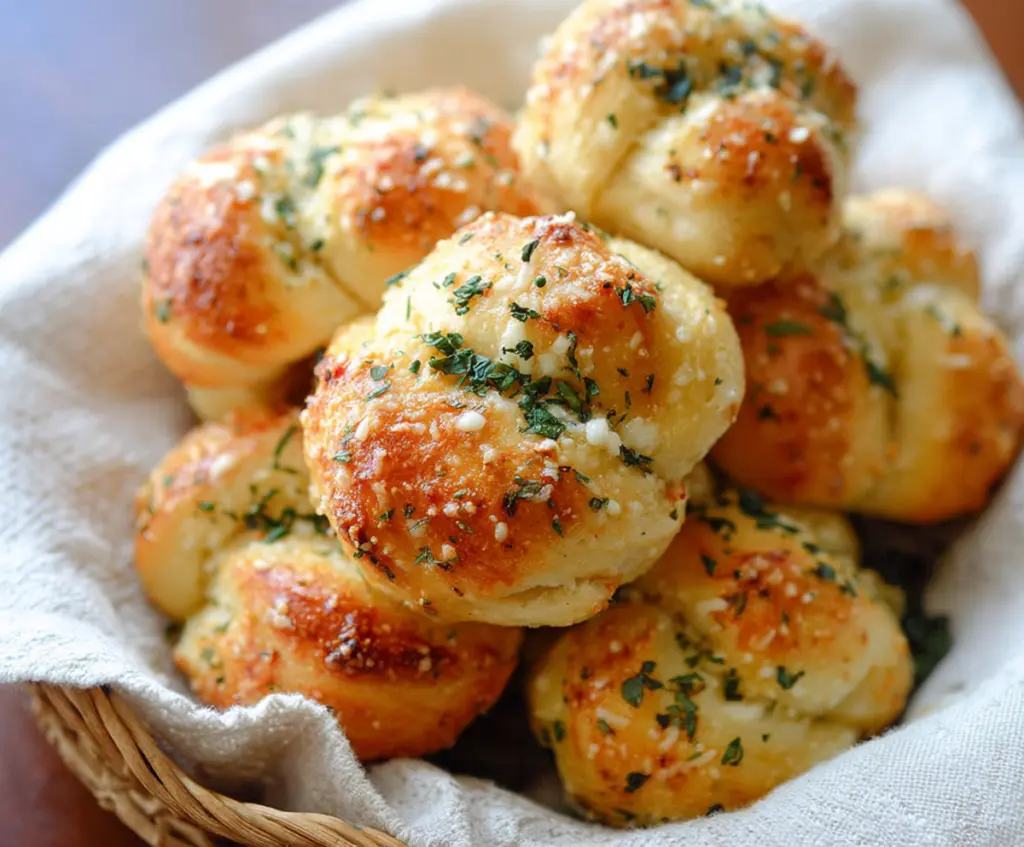 Delicious homemade garlic Parmesan knots fresh out of the oven, garnished with herbs.