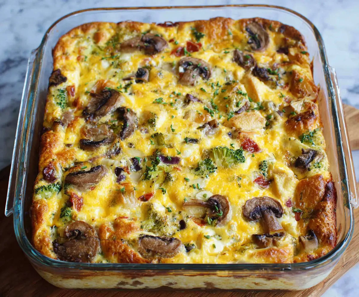 Delicious Egg Bake Casserole with colorful vegetables and melted cheese, perfect for breakfast or brunch.
