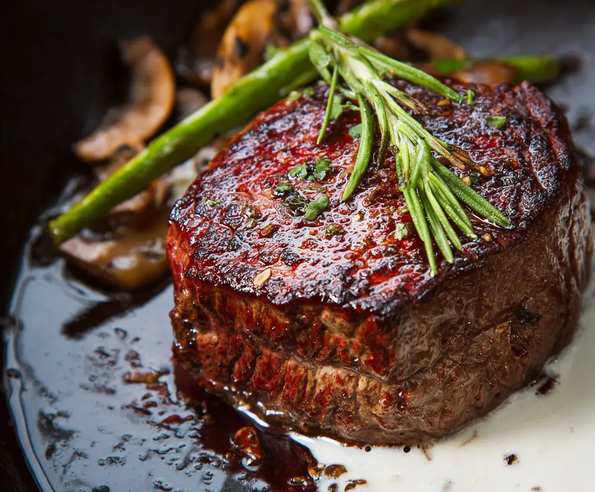 Juicy filet mignon steak cooked to perfection on a cutting board with herbs.
