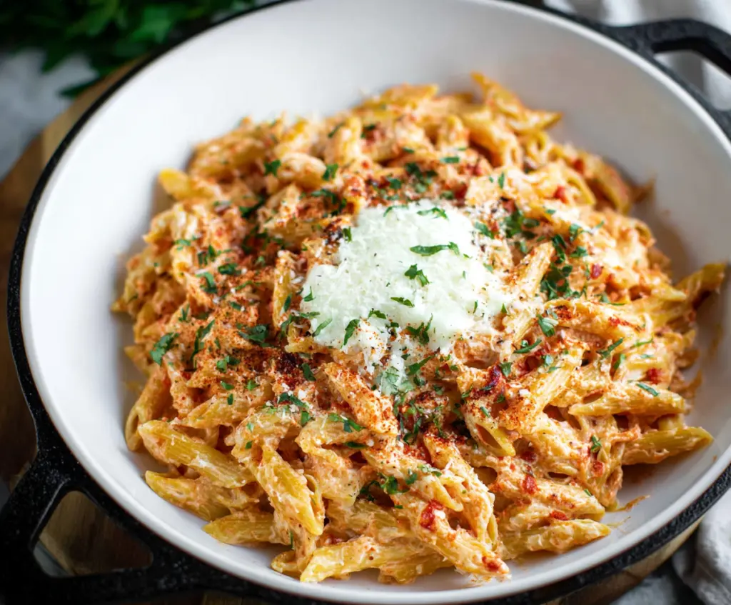 Creamy four cheese pasta with a blend of mozzarella, Parmesan, ricotta, and gorgonzola cheeses served in a white bowl.