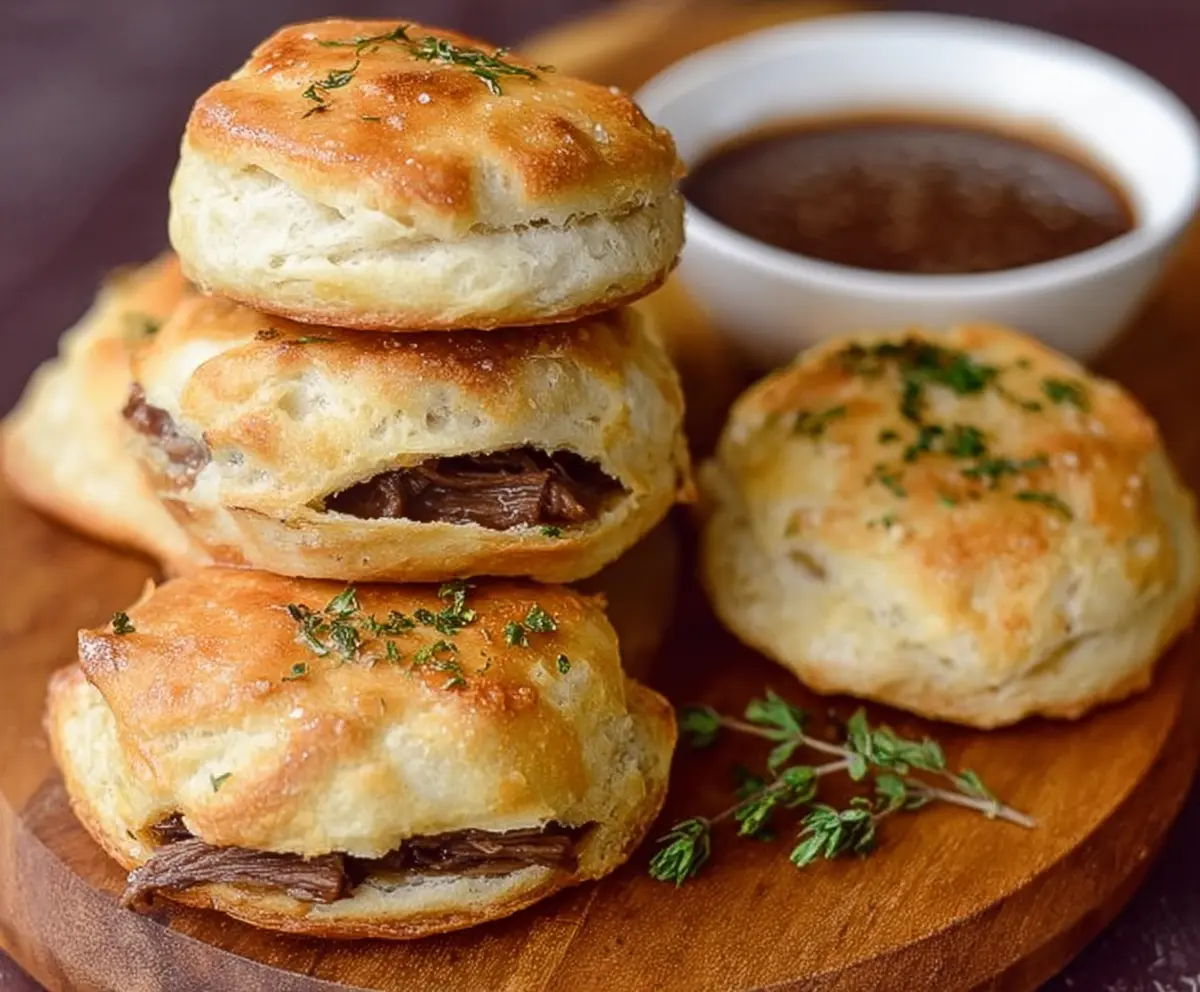 Delicious French Dip Biscuits with tender roast beef and savory au jus sauce