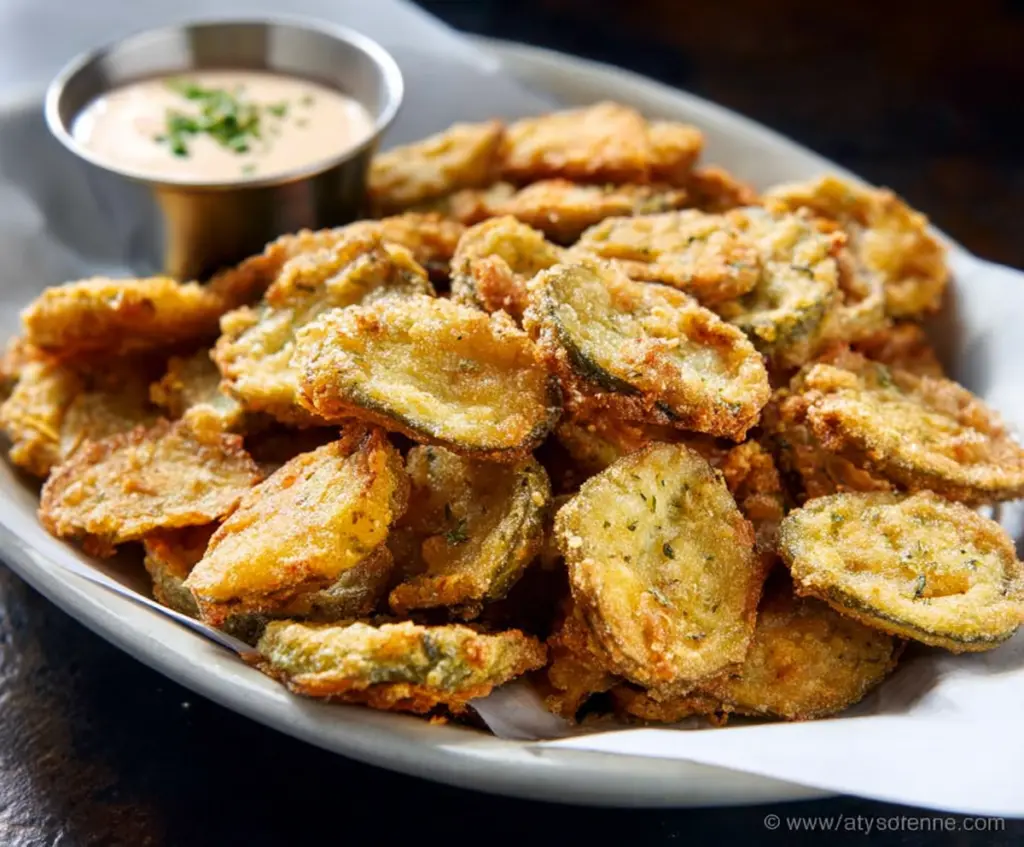 Crispy fried pickles served with dipping sauce on a white plate for a delicious appetizer.