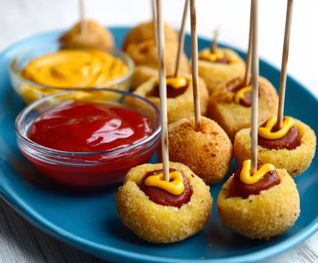 Delicious mini vegan corndog bites served on a plate, perfect for game day snacks.