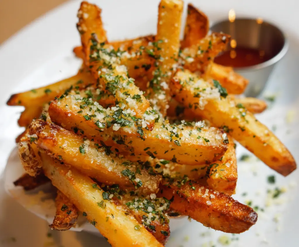 Crispy garlic and Parmesan fries served with fresh herbs on a stylish plate