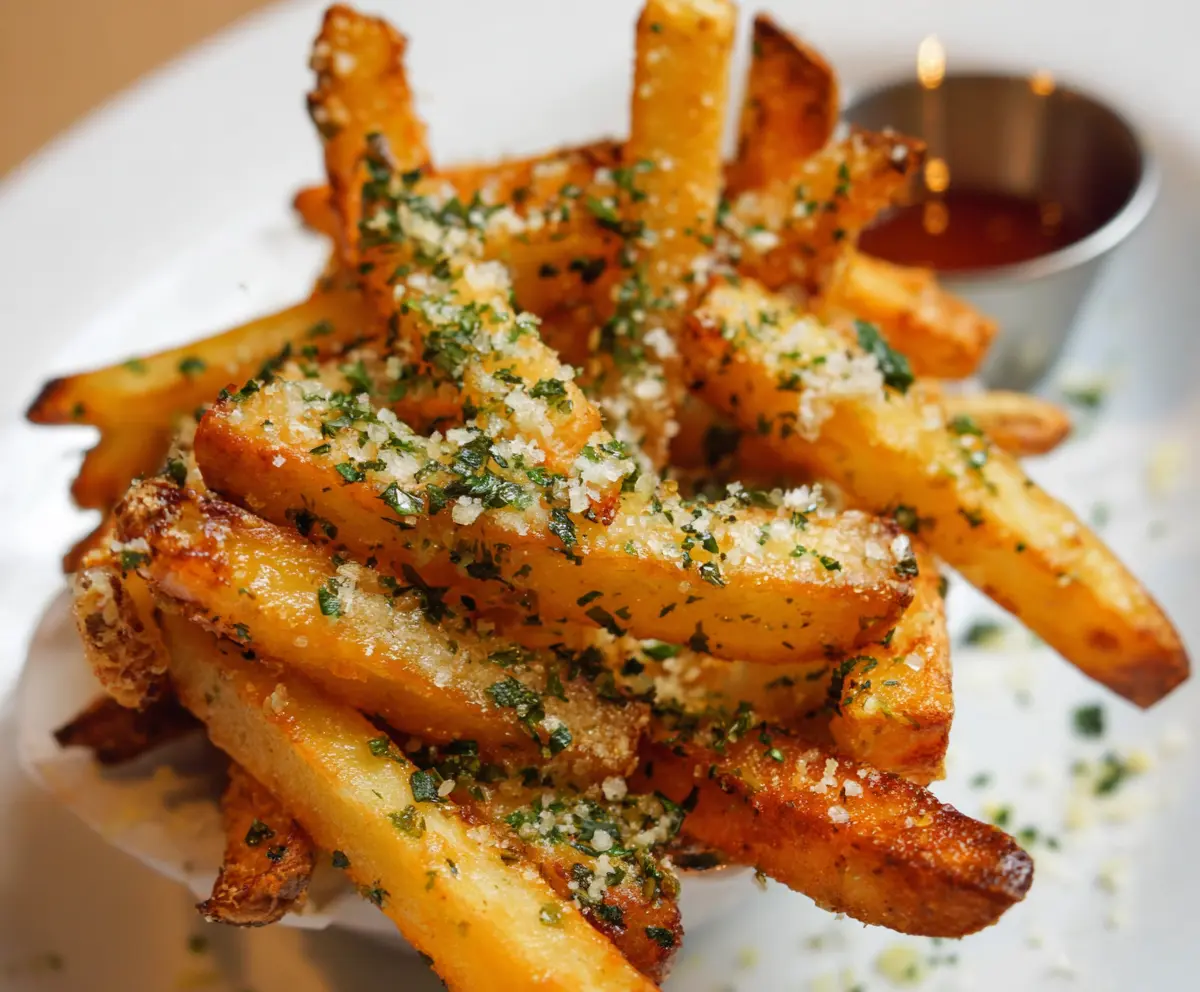 Crispy garlic and Parmesan fries served with fresh herbs on a stylish plate