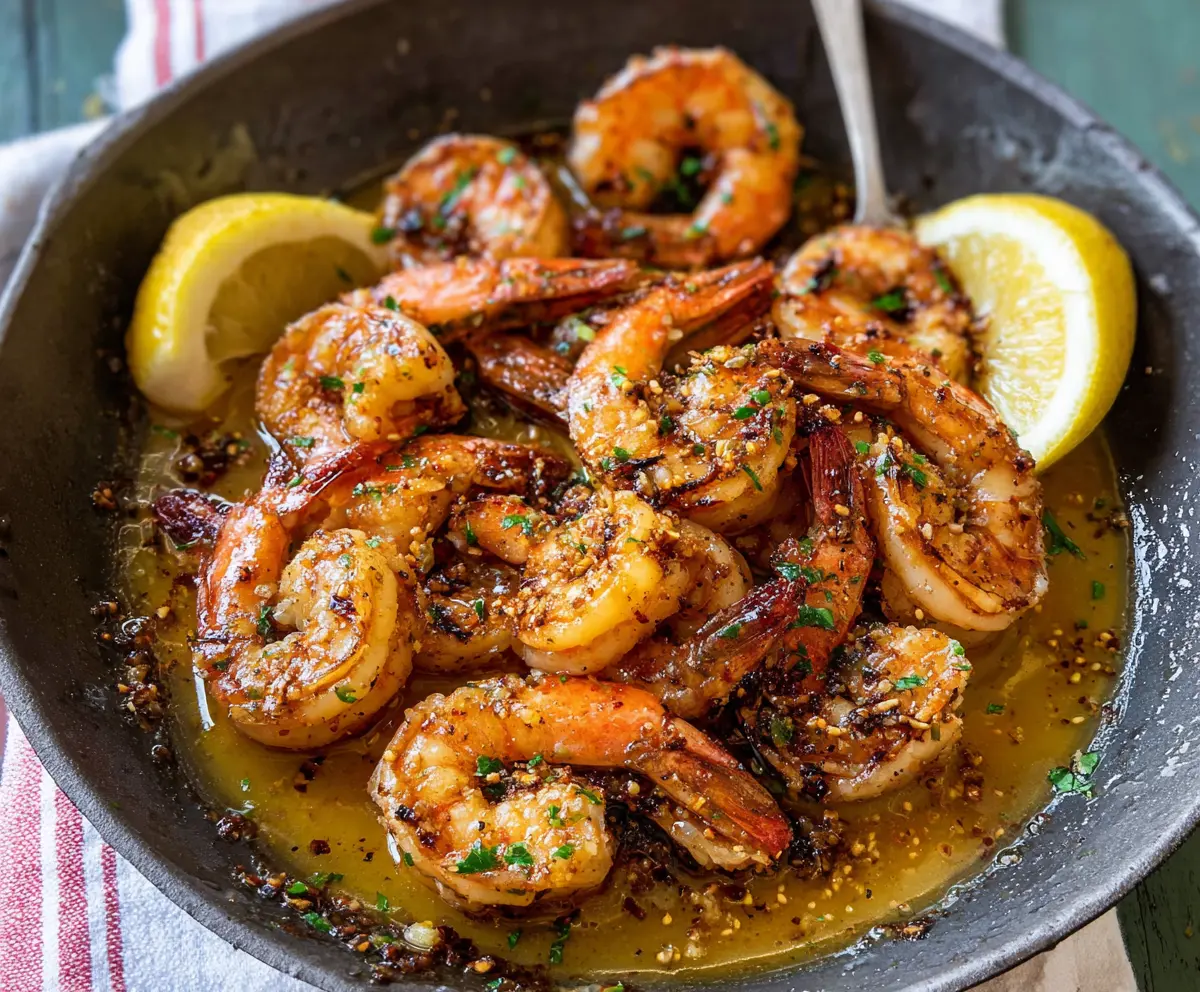 Delicious garlic butter lemon shrimp served on a platter, garnished with fresh herbs.