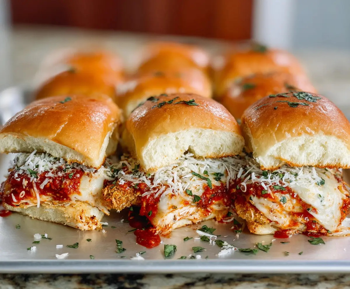 Delicious Garlic Chicken Parmesan Sliders with melted cheese and fresh herbs on toasted buns