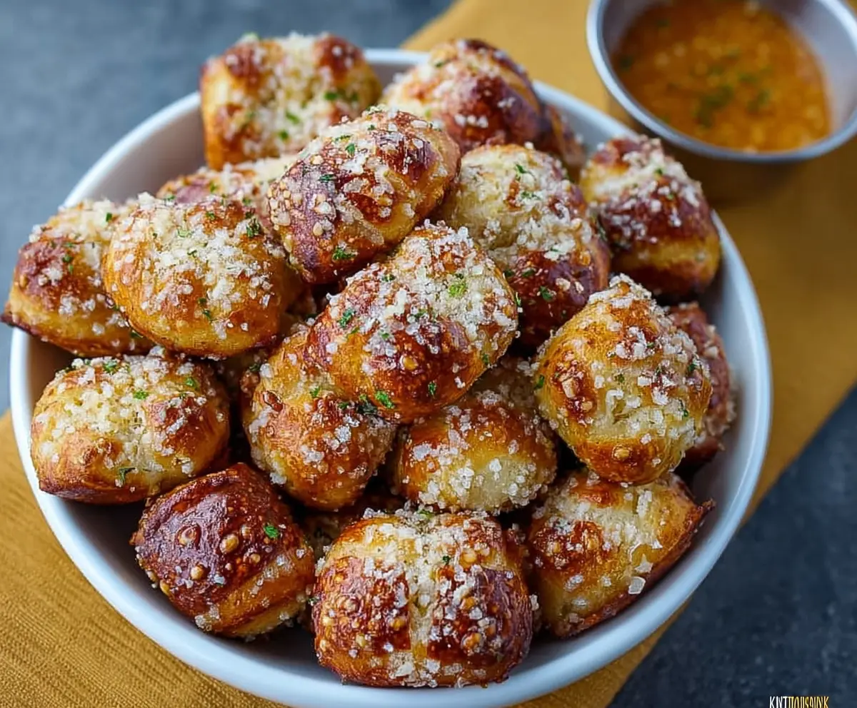 Golden garlic Parmesan pretzel bites with melted cheese and fresh herbs on a white plate.