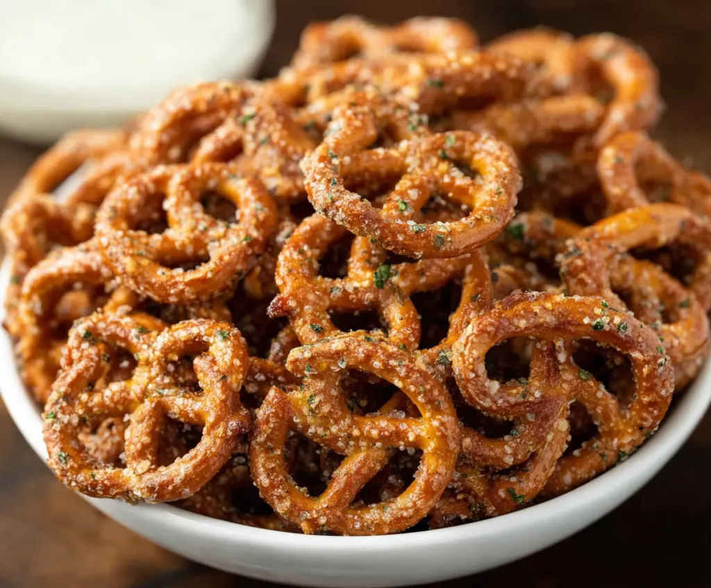 Crunchy Garlic Ranch Pretzels with herbs and seasoning in a bowl