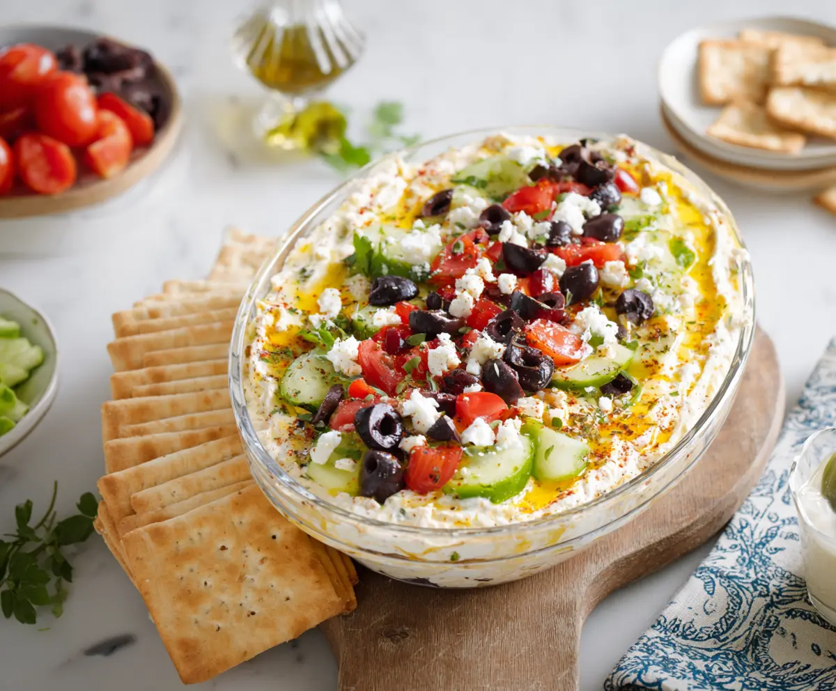 Delicious Greek Layer Dip with creamy yogurt, fresh vegetables, and herbs served in a glass dish.