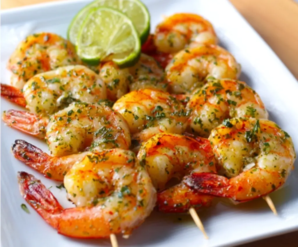 Juicy grilled garlic lime shrimp served on a plate with fresh lime wedges and herbs.