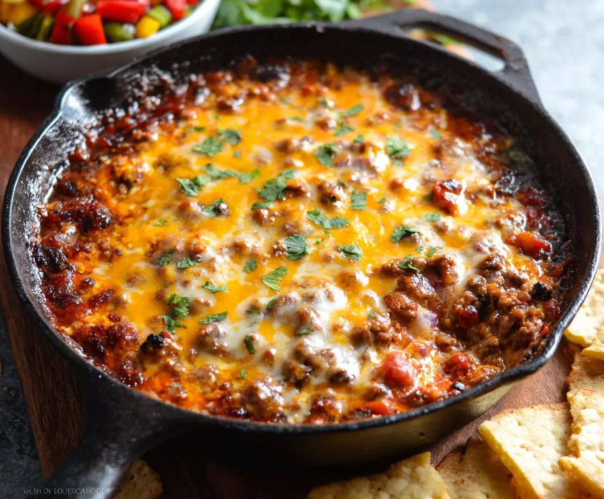 Delicious hamburger meat dip served with chips, perfect for parties and gatherings.