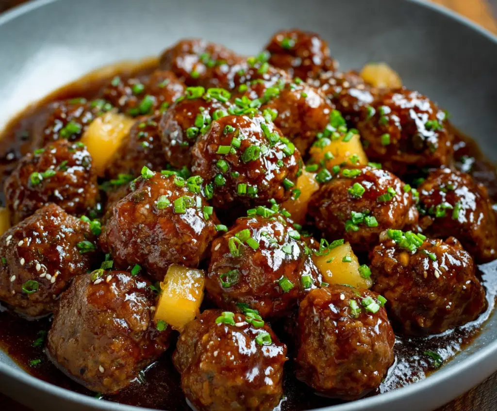 Delicious Hawaiian meatballs served with pineapple and a flavorful sauce.