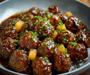 Delicious Hawaiian meatballs served with pineapple and a flavorful sauce.