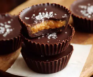 Delicious healthy dark chocolate peanut butter cups on a white plate, perfect for a nutritious snack.