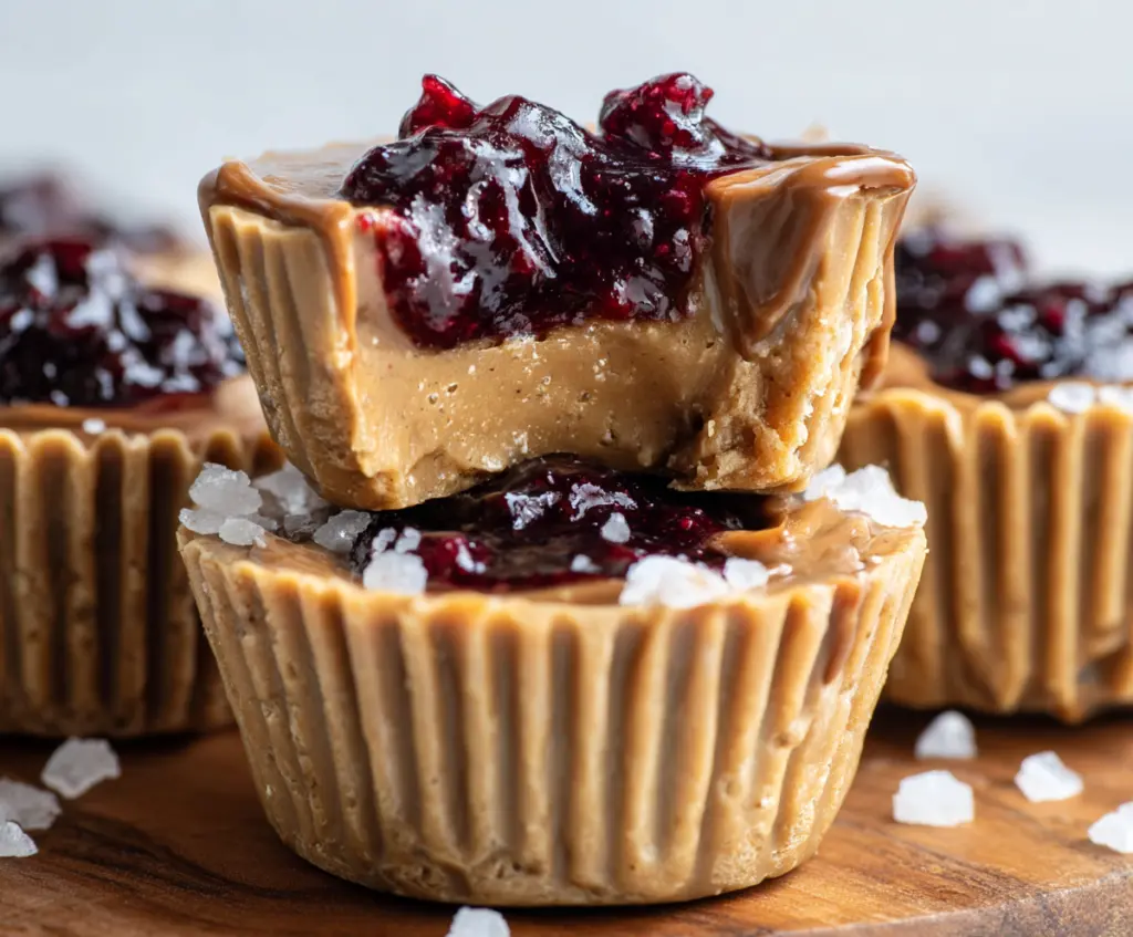 Delicious healthy peanut butter and jelly cups served in a transparent container on a white background.