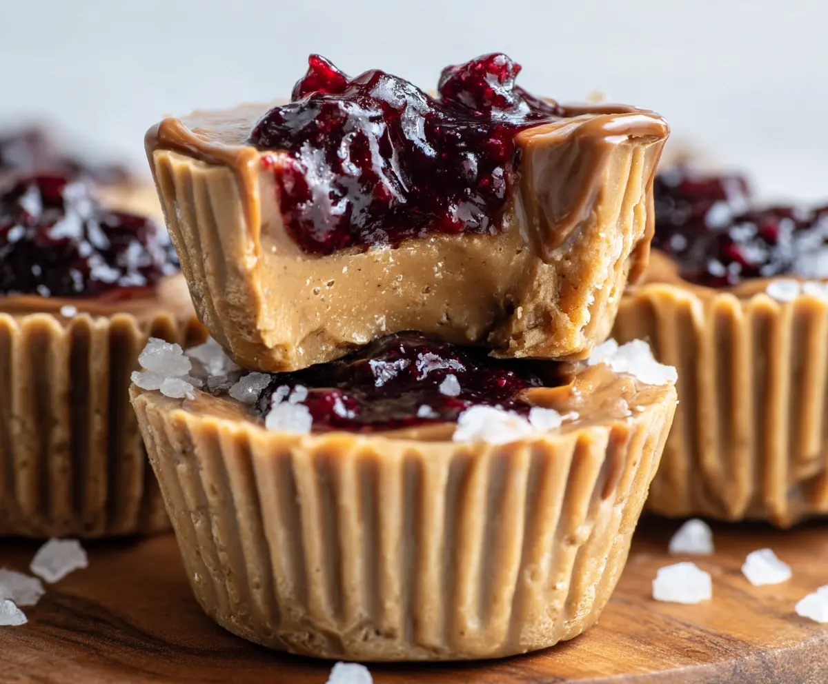 Delicious healthy peanut butter and jelly cups served in a transparent container on a white background.