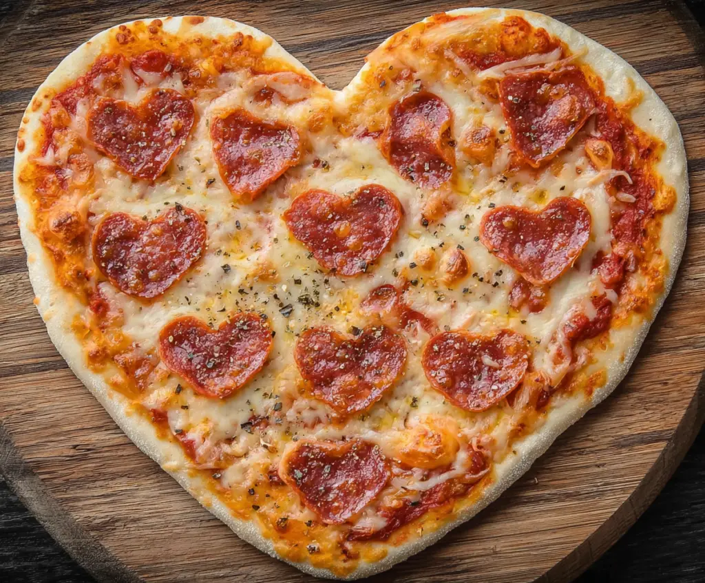 Delicious heart-shaped pizza topped with cheese and fresh ingredients for a romantic meal