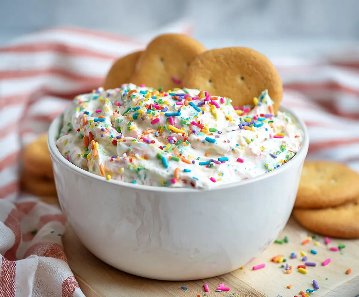 Creamy homemade funfetti dip with colorful sprinkles perfect for parties