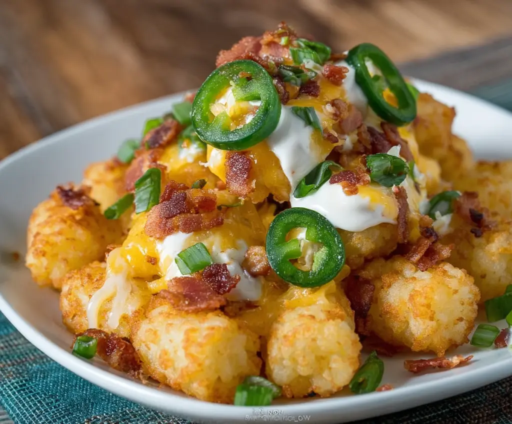 Crispy jalapeno popper tater tots loaded with melted cheese and sliced jalapenos, served on a white plate.